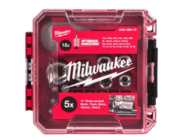 Milwaukee Set di bit, bussole e cricchetto compatto da 1/4
