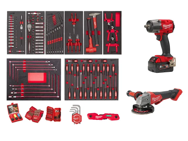 Milwaukee Automotive assortment with CP7 cart, screwdriver, and grinder